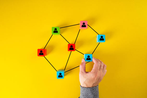 istock Wooden cube block print screen person icon which link connection network for organisation structure social network and teamwork concept. 1317069623