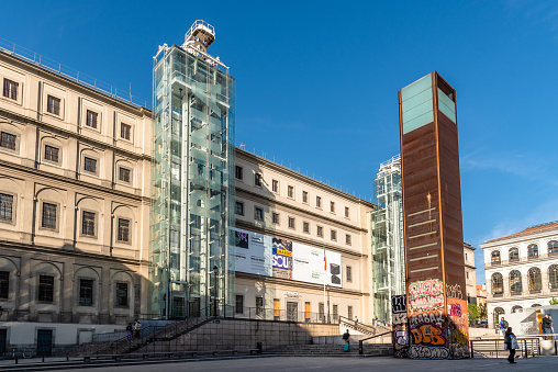Madrid, Spain - May, 8 2021: Reina Sofia Museum in Central Madrid. It is one of the most visited museums in Madrid with one of the finest collections of Spanish contemporary art.
