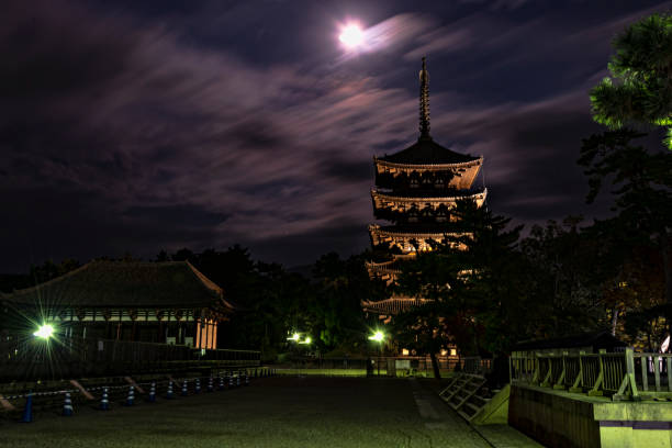 日本奈良，夜幕降臨的古寺寶塔。 - 興福寺 奈良 個照片及圖片檔