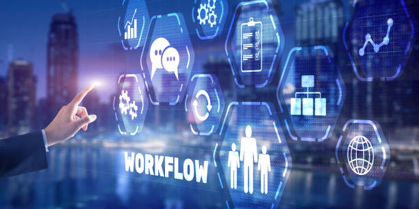 istock Workflow with businessman on blurred abstract background. Business concept 1317073150