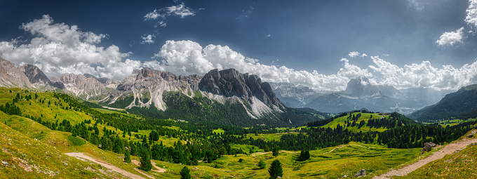 stunning landscape of Val Gardena in the Dolomites mountain in a bright afternoon, summer season