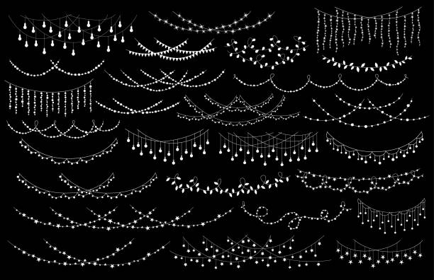 ilustraciones, imágenes clip art, dibujos animados e iconos de stock de fiesta de celebración de la boda de año nuevo de navidad colgando luces de cuerda decoración guirnaldas conjunto, aislado vector ilustración gráfico festivo - fondo blanco ilustraciones