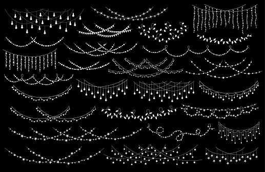 christmas new year wedding celebration party hanging string lights decoration garlands set, isolated vector illustration festive graphic