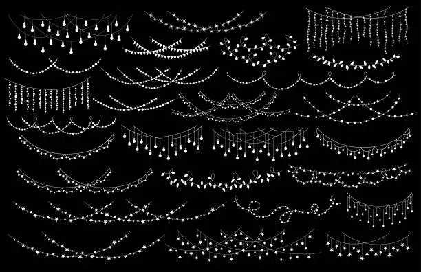 Vector illustration of christmas new year wedding celebration party hanging string lights decoration garlands set, isolated vector illustration festive graphic