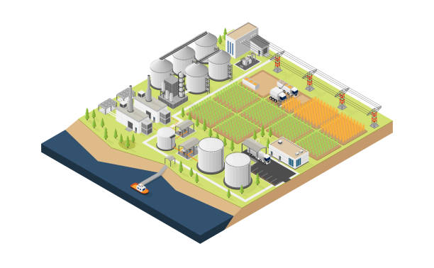 năng lượng nhiên liệu sinh học, nhà máy điện nhiên liệu sinh học trong đồ họa isometric - silo tank hình minh họa sẵn có