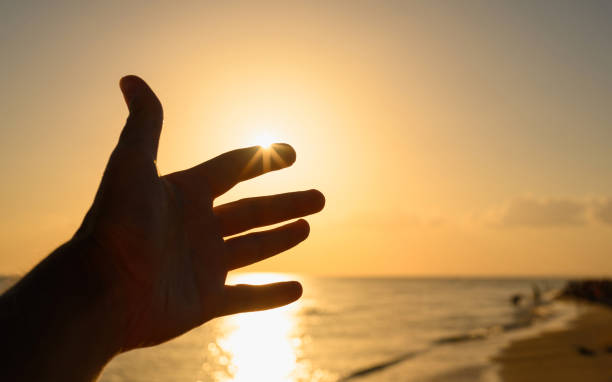 istock The sun's rays shine through a man's hand at sunset. 1317078794
