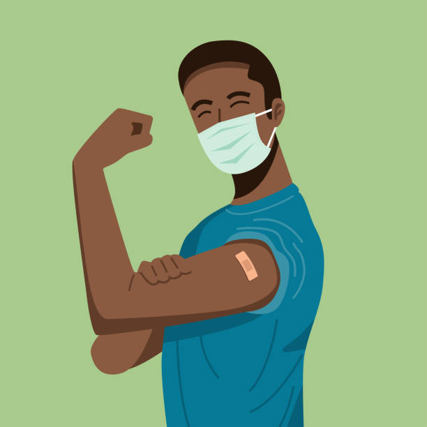 covid-19 백신을 받은 후 붕대를 가진 팔을 보여주는 보호 마스크를 착용한 한 청년. - 질병 예방 일러스트 stock illustrations