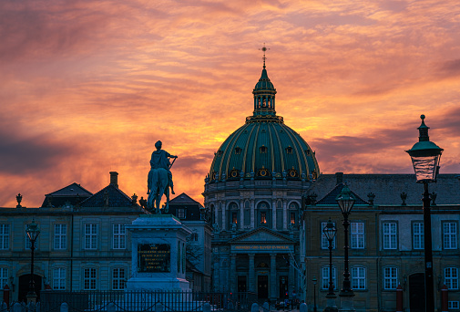 Sunset over Frederik's Church and statue of Frederik V in Copenhagen, Denmark