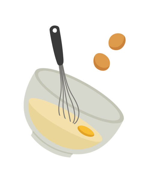 Vector illustration of a dough bowl, dough, eggs, whisk. Vector illustration of a dough bowl, dough, eggs, whisk. Kneading dough. Hand-drawn set isolated on white background. Baking products. Suitable for illustrating cooking, recipes, healthy eating. egg beater stock illustrations