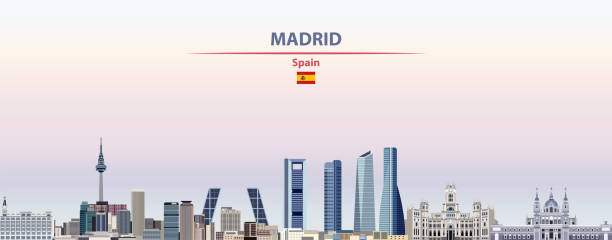 ilustrações de stock, clip art, desenhos animados e ícones de madrid cityscape on sunset sky background vector illustration with country and city name and with flag of spain - madrid