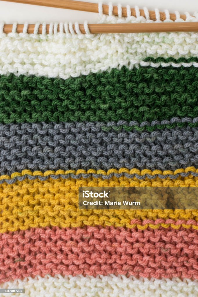 Background texture of hand knit fabric with garter stitch pattern Backdrop background of textured hand knitting Winter Stock Photo