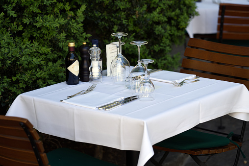 Table ready laid at outdoor terrace of restaurant at Bahnhofstrasse, City of Zurich, Switzerland. Photo taken May 8th, 2021, Zurich.