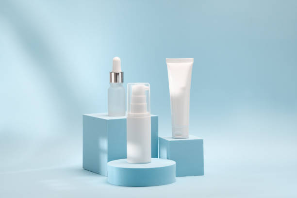 Three cosmetic product mockups on geometric podiums. Background for presentation of cosmetic Three cosmetic product mockups on geometric podiums. Background for presentation of cosmetic beauty display stock pictures, royalty-free photos & images