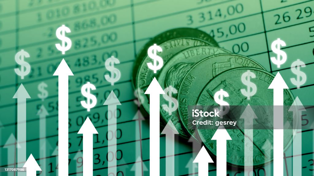Dollar currency growth concept with upward arrows on charts and coins background Dollar currency growth concept with upward arrows on charts and coins background. Inflation - Economics Stock Photo