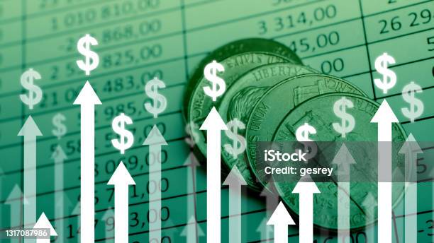 Dollar Currency Growth Concept With Upward Arrows On Charts And Coins Background Stock Photo - Download Image Now