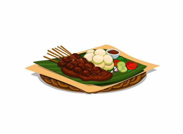 白い背景に分離漫画のイラストベ�クトルでインドネシアの概念からサタイ伝統的な食べ物 - serving food restaurant chicken点のイラスト素材／クリップアート素材／マンガ素材／アイコン素材