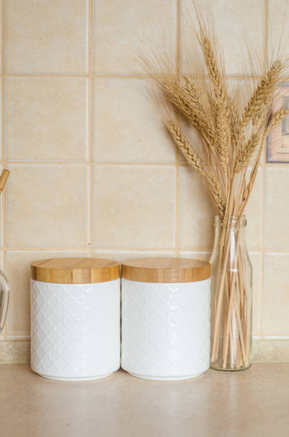 istock white jars for cereals  in Scandinavian style. Eco friendly kitchen utensils and decoration, 1317089379