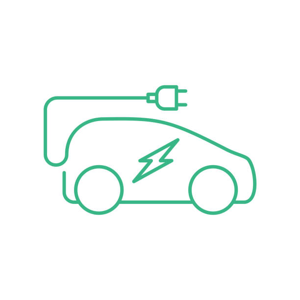 Electric car with a plug. Electric vehicle charging station sign. Eco friendly automobile with thunderbolt. Green energy zero emission concept. Green thin line icon. Vector illustration, flat, clip art electric plug illustrations stock illustrations