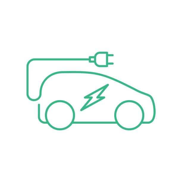 Electric car with a plug. Electric vehicle charging station sign. Eco friendly automobile with thunderbolt. Green energy zero emission concept. Green thin line icon. Vector illustration, flat, clip art zero emission vehicle stock illustrations