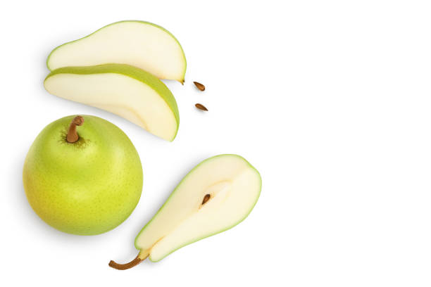 istock Green pear fruit with slices isolated on white background with clipping path. Top view with copy space for your text. Flat lay 1317091730