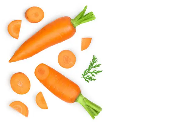 Carrot isolated on white background . Top view with copy space for your text. Flat lay