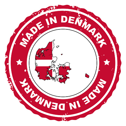 Retro style stamp Made in Denmark include the map and flag of Denmark.