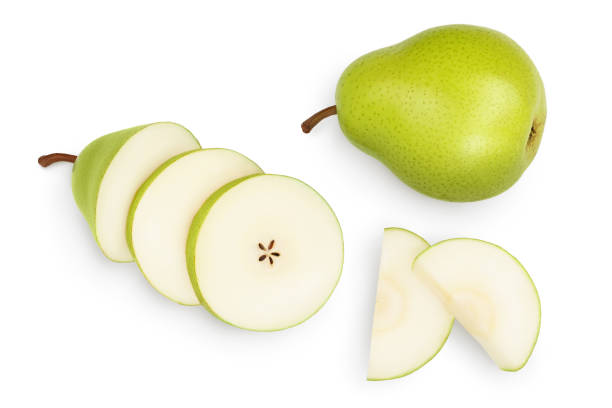 istock Green pear fruit with slices isolated on white background with clipping path. Top view. Flat lay 1317093061