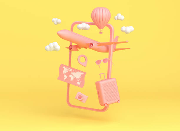 istock Pink smartphone with travel objects on yellow background. 3d rendering 1317094201