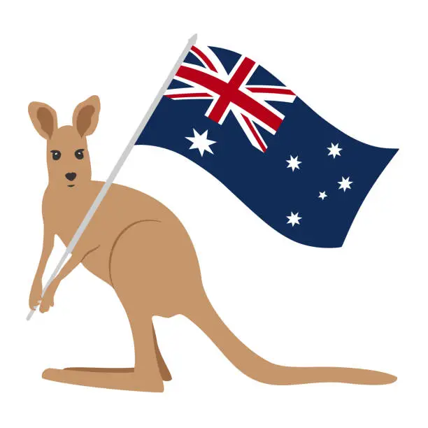 Vector illustration of Cute cartoon kangaroo with Australia flag. Composition for holiday Australia Day. Hand-drawn vector, flat style. The symbol of the country, patriotism, hospitality. For tourism, celebration, school.