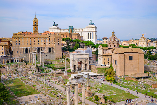 Roman Forum, a forum surrounded by ruins in Rome, Italy