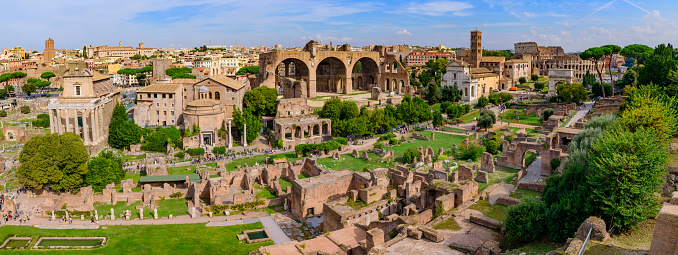 Panorama of Colosseum and Roman Forum, a forum surrounded by ruins in Rome, Italy