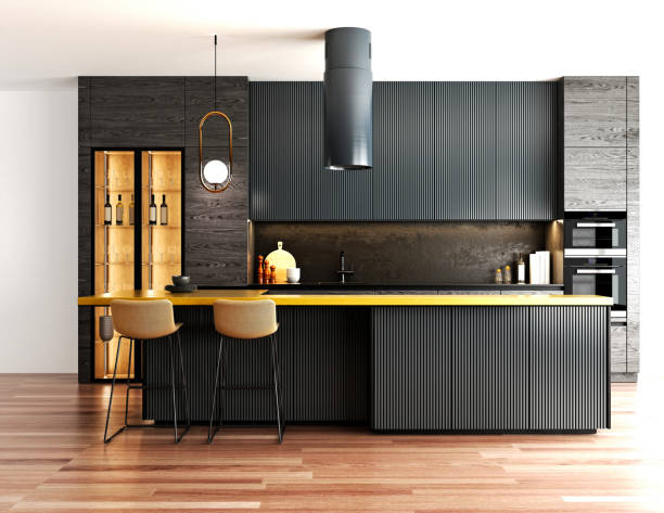 3d render of luxury house kitchen and bar counter