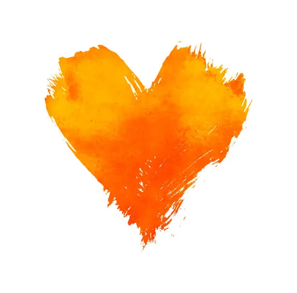 Yellow and orange vivid watercolor painted heart with brushstroke grunge shape and paintbrush texture isolated on white background