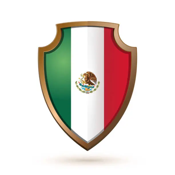 Vector illustration of Golden shield with Mexico flag isolated on white