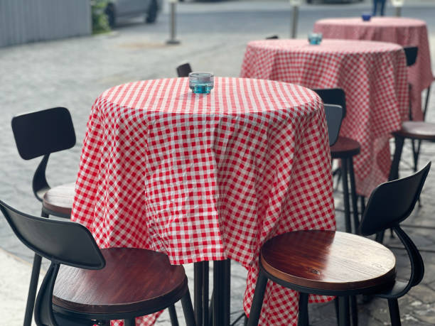 빨간색과 흰색 체크 패턴 식탁보가 있는 식탁행 - checked textile table italian culture 뉴스 사진 이미지