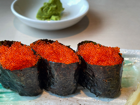 Group of fish roe sushi wrap with seaweed