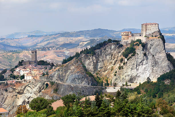 View of the San Leo Fortress and town View of the Fortress of San Leo and town of the Marche regions. There is the death-place of Count Cagliostro. marche italy photos stock pictures, royalty-free photos & images