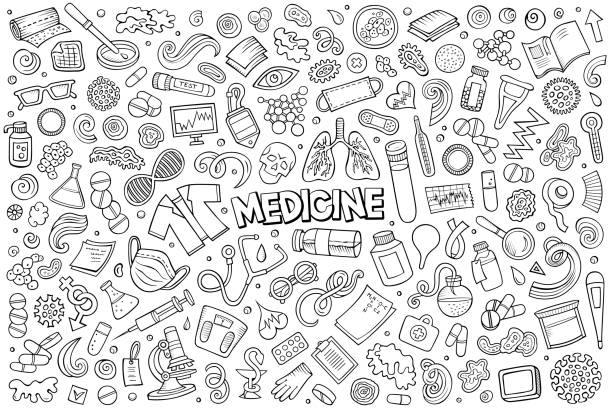 ilustraciones, imágenes clip art, dibujos animados e iconos de stock de conjunto de dibujos animados de elementos temáticos de medicina, objetos y símbolos - healthcare and medicine medical exam capsule vitamin a