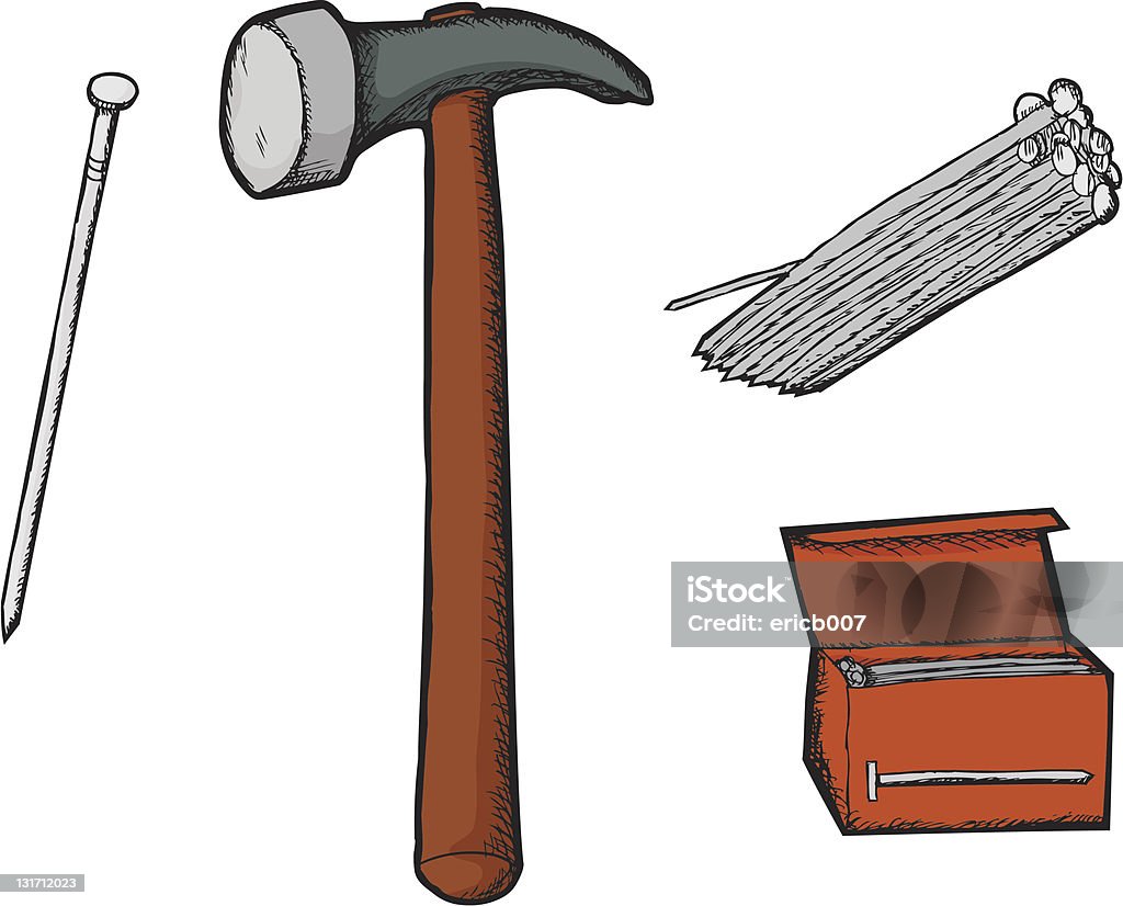Hammer and Nails Hammer illustration with single, grouped and boxed nails. Download includes high resolution JPG with grouped and layered EPS. Box - Container stock vector
