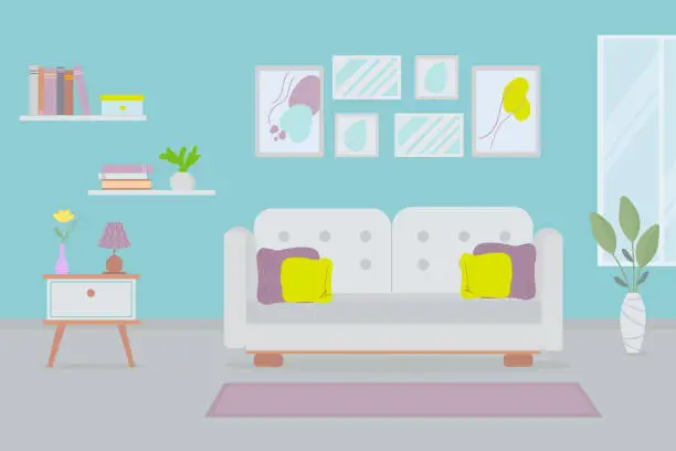 Vector illustration of Living room interior. Flat style vector illustration. Comfortable sofa, shelf, book, window and house plants.