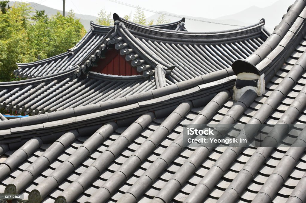 Tiled roof of the Korean Traditional House. Architectural Feature Stock Photo