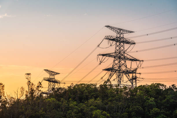 istock Distribution electric substation with power lines and transformers, at sunset. 1317121727