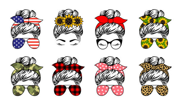 Mom life vector print. Messy bun. Set of female face designs. Messy bun set designs. Mom life vecto print. A collection of female faces in aviator sunglasses and bandanas with various themed patterns. hair bun stock illustrations