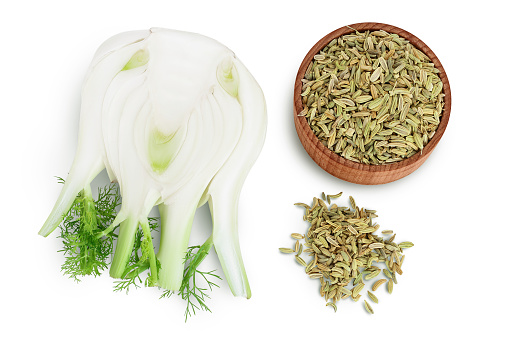 fresh fennel bulb with seed isolated on white background with clipping path and full depth of field. Top view. Flat lay.