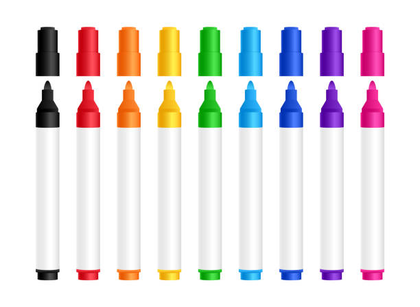 Colorful pen markers set. Realistic highlighters for drawing. Text markers collection. Colored felt-tip pens. Office stationery. Vector illustration. Colorful pen markers set. Realistic highlighters for drawing. Text markers collection. Colored felt-tip pens. Office stationery. Vector illustration. permanent marker stock illustrations