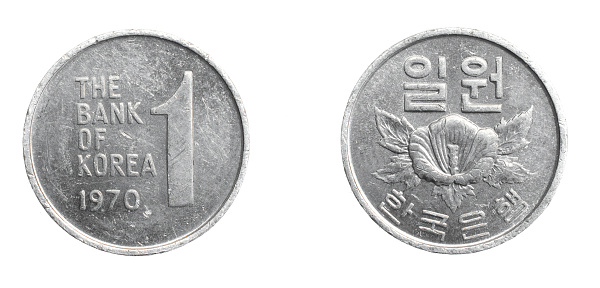 South Korea One Won coin on a white isolated background