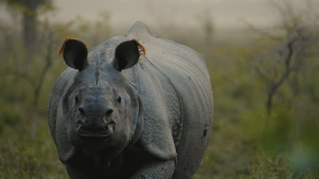 Indian One Horned Rhino (Rhinoceros unicornis) grazing and relaxing in the water in slow motion