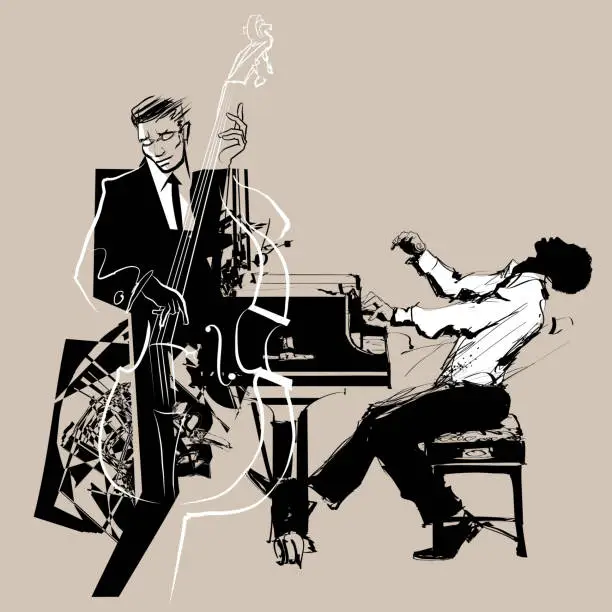 Vector illustration of Double bass and piano player