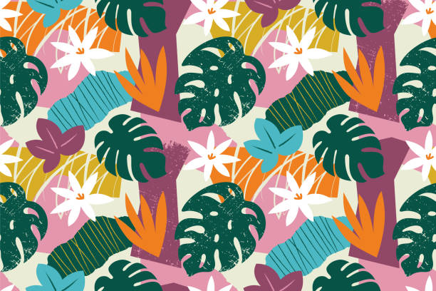 illustrazioni stock, clip art, cartoni animati e icone di tendenza di collage contemporaneo floreale senza cuciture modello. - hawaiian culture hibiscus flower pattern