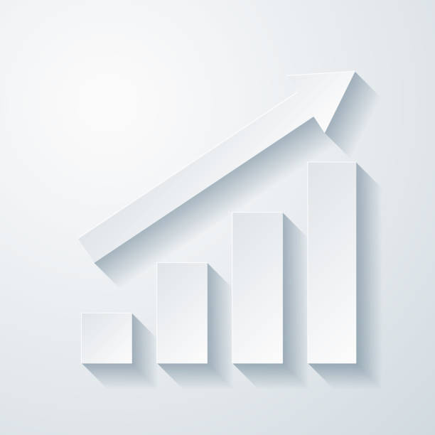 Growing graph. Icon with paper cut effect on blank background Icon of "Growing graph" with a realistic paper cut effect isolated on white background. Trendy paper cutout effect. Vector Illustration (EPS10, well layered and grouped). Easy to edit, manipulate, resize or colorize. Vector and Jpeg file of different sizes. sales growth graph stock illustrations